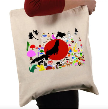 Japanese tote bag with Japanese map and culture art work. handmade and original