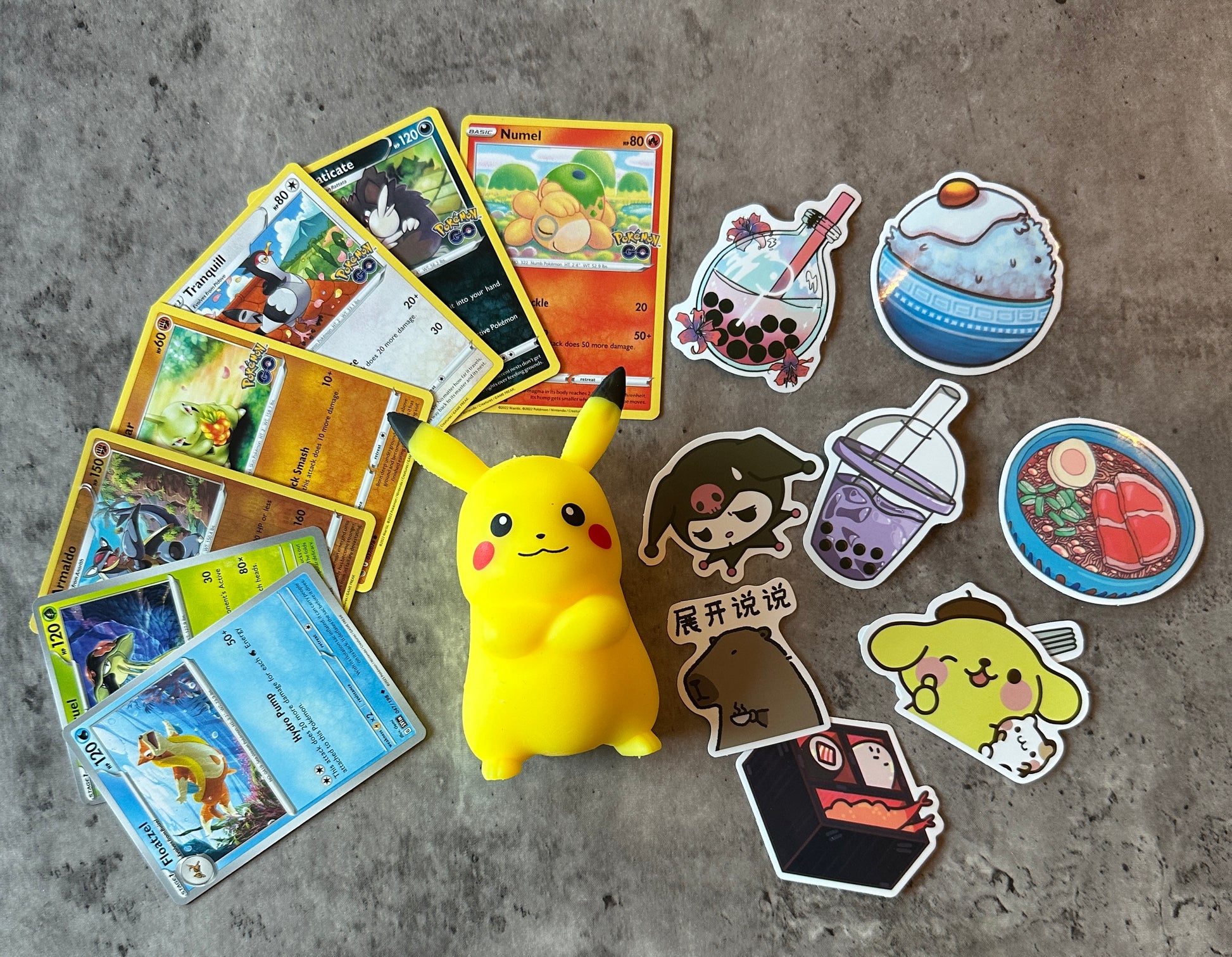 Pikachu gift pack - Pikachu squishy + Pokemon trading cards + Japanese stickers