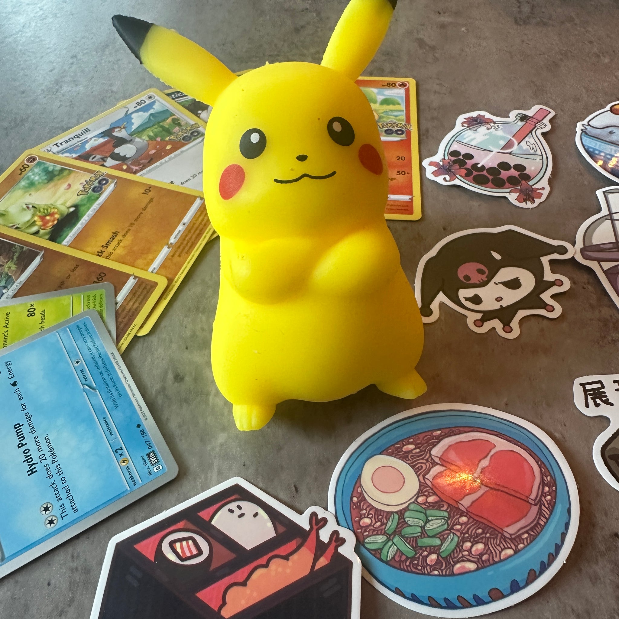 Pikachu gift pack - Pikachu squishy + Pokemon trading cards + Japanese stickers