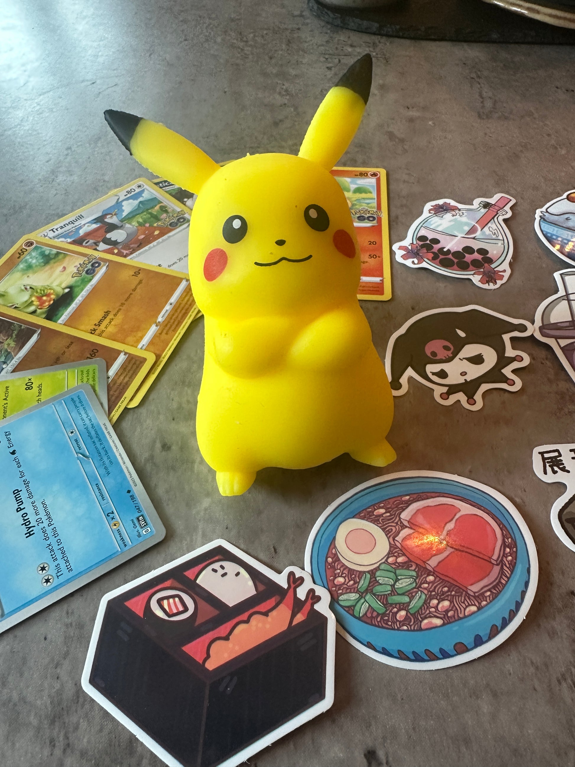 Pikachu gift pack - Pikachu squishy + Pokemon trading cards + Japanese stickers